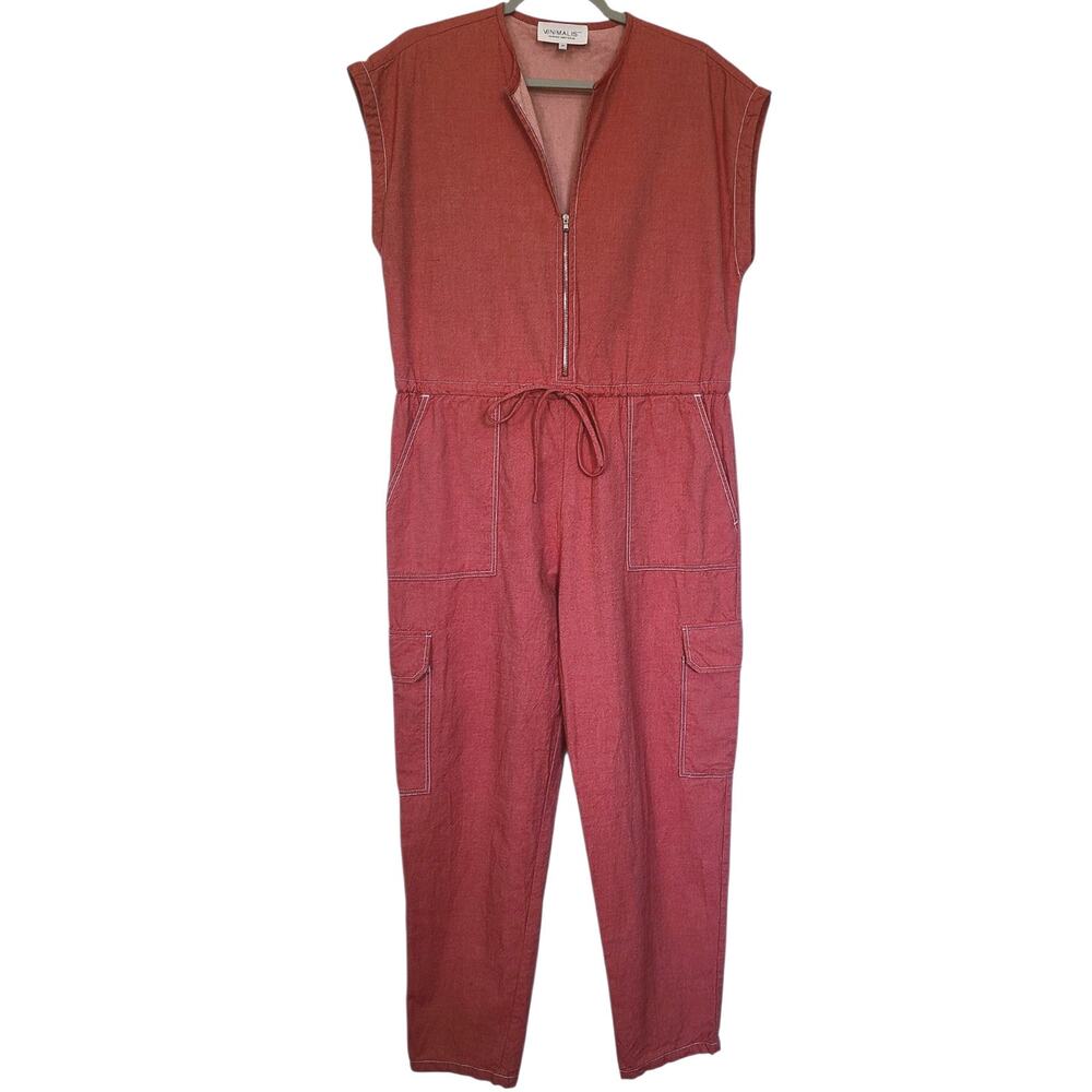 MINIMALIST Tamara Davydova Traci Japanese Denim Cargo Jumpsuit in Red - Size M